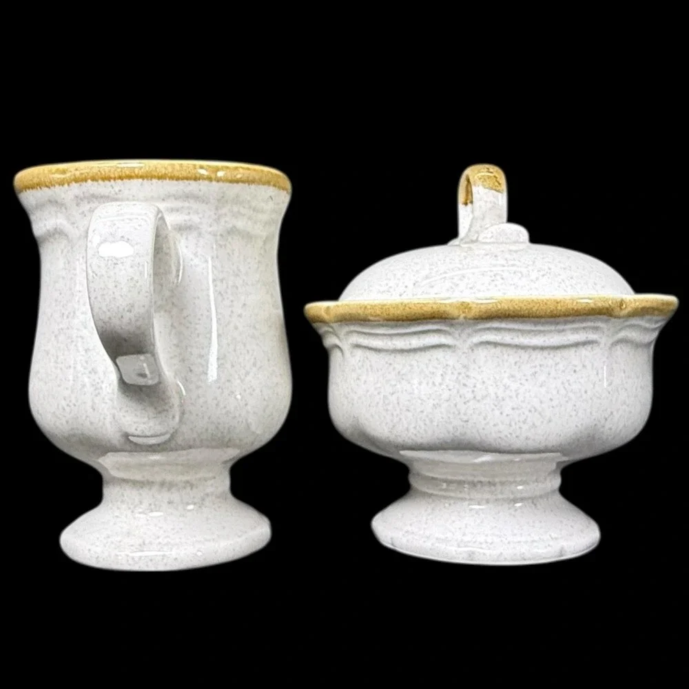 Mikasa EC‎ 400 Garden Club Creamer & Sugar Bowl Beige Speckled Brown Drip Rim